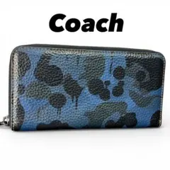 COACH 長財布 カモフラ柄 ラウンドファスナー レザー ブルー ブラック