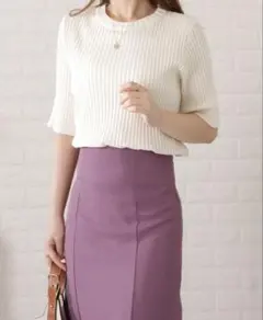 Lace Ladies 5分袖サマーリブニット　フリーサイズ　ホワイトのサムネイル