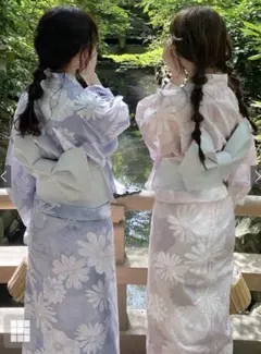 薄紫 花柄 浴衣・帯セット Fサイズ