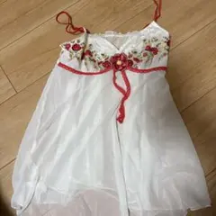 花柄刺繍 キャミソール ホワイト×レッド