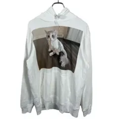 古着　猫プリント　パーカー　ホワイト　スウェットトレーナー　プルオーバー　L