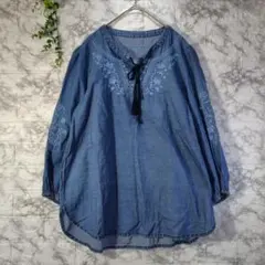 cher squae　コットン　ブラウス　トップス　刺繍　七分袖　ブルー　M
