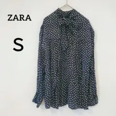 ZARAザラ　ブラック 水玉模様 リボン付き長袖シャツ　Ｓ