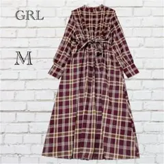 グレイル チェック柄 ロングワンピース ウエストリボン フレア パープル系『M』