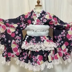 浴衣ドレス 大人用 姫ギャル 花 地雷 フリルレース 黒 ブラック 薔薇