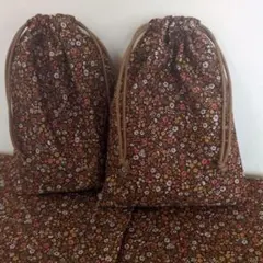 ハンドメイド　給食袋　ランチョンマット　4点セット 花柄　茶色