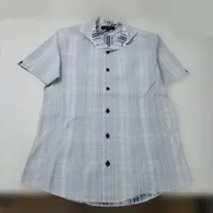 【き887】MICHELKLEINミッシェルクラン青と白のストライプ 半袖シャツのサムネイル
