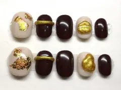 ダークブラウン ゴールド装飾 ネイルチップ 10個セット