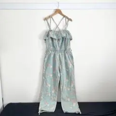 【タグ付き】花柄 デニム サロペット オールインワン L フリル パールボタン
