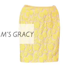 【美品】大人　エムズグレイシー イエロー　スカート　柄　38 日本製　冠婚葬祭