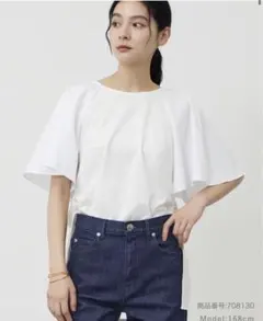新品プラステ　ファブリックコンビフレアスリーブチュニックＴシャツ　ホワイトSのサムネイル