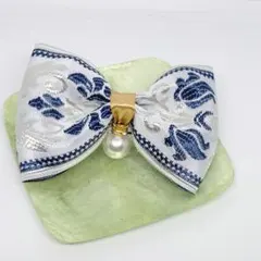 ハンドメイド バレッタ インド刺繍 リボン ホワイト パール調