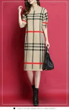 人気綺麗うチェック柄フォーマル イネックニットセーターワンピース　ベージュn