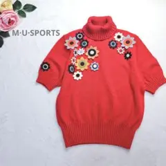 希少✨半袖タートルニット お花モチーフ 赤 ゴルフ M 日本製 MUスポーツ