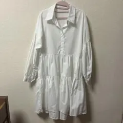 ホワイト シャツワンピース 長袖 ティアード