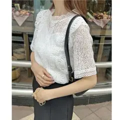 FutierLand レースブラウス 半袖 総レース プチハイネック　ホワイト