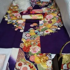 紫オフ白古典正絹振袖フルセット等 袋帯 帯締め 帯揚げ 半襟 重ね襟 成人式等に