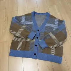 ブルーチェックボリュームスリーブニットカーディガン Mサイズ