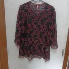 最終価格)花柄レース 長袖ブラウス ボルドー×ブラック