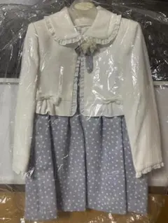 卒園式、入園式115cm Emom 薄いネイビーブルー、水玉模様ワンピースセット