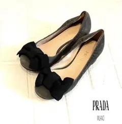 良品☆プラダ☆ローヒールパンプス　リボン　バレエシューズ　341/2 スエード