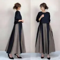 ラウンドネック　ドッキングワンピース　配色　切替え　チュールスカート　ロング　A