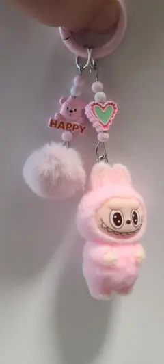 シールつき　ラブブ　ピンク　恐竜　キーホルダー　ストラップ　チャーム　キーリング