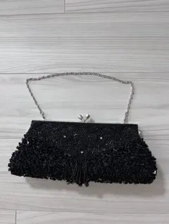 美品】東京ソワール ビーズクリスタル装飾 ブラック パーティバッグ