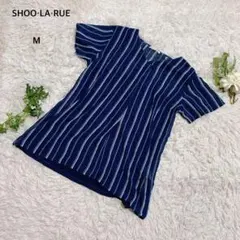 シューラルー　ブラウス　Vネック 切替　半袖シフォン　ストライプ柄　紺×白×水色のサムネイル