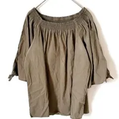 エイチケーワークスロンドン　カットソー　カーキ　L トップス　七分袖　首元広め