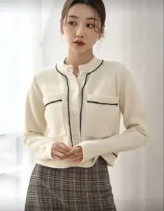 DAZY コントラストトリム ポケット付き カーディガン