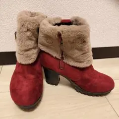 ワインレッド スエード ファー付きブーツ 中ヒール23.5cm