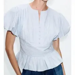 ZARA ピンタック入りパフスリーブブラウスSサイズ空色 - メルカリ