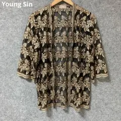 Young Sin 昭和レトロ ヴィンテージ 花柄レースカーディガン 五分袖 黒のサムネイル