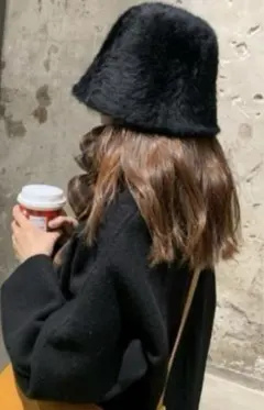 美品　モヘア もこもこ シャギー ファーバケットハット　黒　フリーサイズ