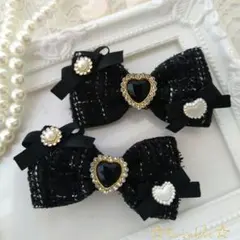 【ꫛᥱꪝ☆】ハンドメイド☆ラメツイードリボンリボンヘアクリップ(ブラック)