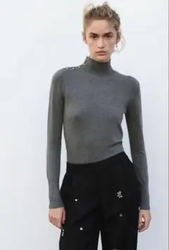 ザラ ZARA ボタン付きニットセーターグレーマール XL グレー