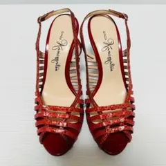 銀座カネマツ　ヘビ柄　レッド　リボンミュール　パンプス　22.5㎝