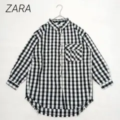 ザラ ZARA ギンガムチェックシャツ リネン コットン 裾フリンジ 白黒　Ｌ