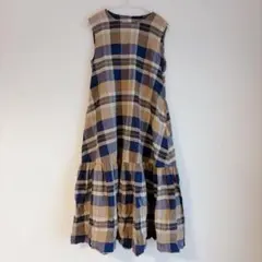 無印良品　マドラスチェック　ノースリーブワンピース　M ベージュ　ブルー