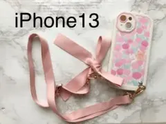 iPhone13フラワー花柄リボンショルダーストラップアイフォンスマホケース新品