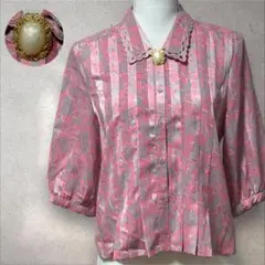 ヴィンテージ古着 ブローチ付き 半袖ブラウス ピンク 花柄 総柄 11号 レトロ