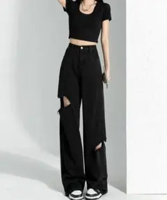 Cut Out Straight Denim Pants ダメージジーンズ