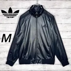 『adidas』　トラックジャケット　レザーライク　刺繍ロゴ　オールブラック　M