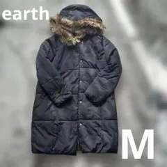 earth ネイビー ロングダウンジャケット ファー付き【M】