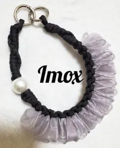 リボン×パラコード×パール スマホストラップ　ハンドストラップ黒・グレー33cm