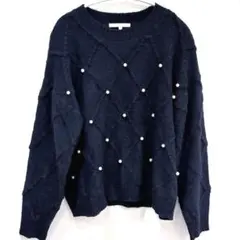 MARLENE JOBERT 【L】ネイビー パール付きダイヤ柄ニットセーター