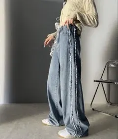 《Javaジャバコラボ》サイドフリンジワイドルーズデニムパンツ