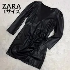 美品 ZARA ザラ フェイクレザー フリル　ワンピース　Lサイズ