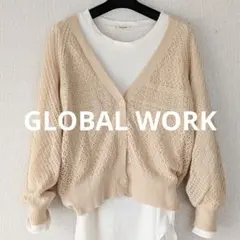 GLOBAL WORK コットンアクリル透かし編みVネックニットカーディガン L